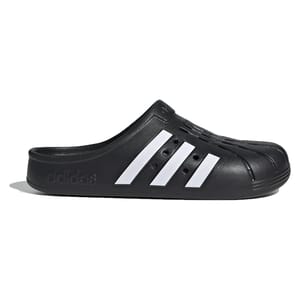 Black Adidas slip-on clogs feature a shell toe design and three white stripes on the side.