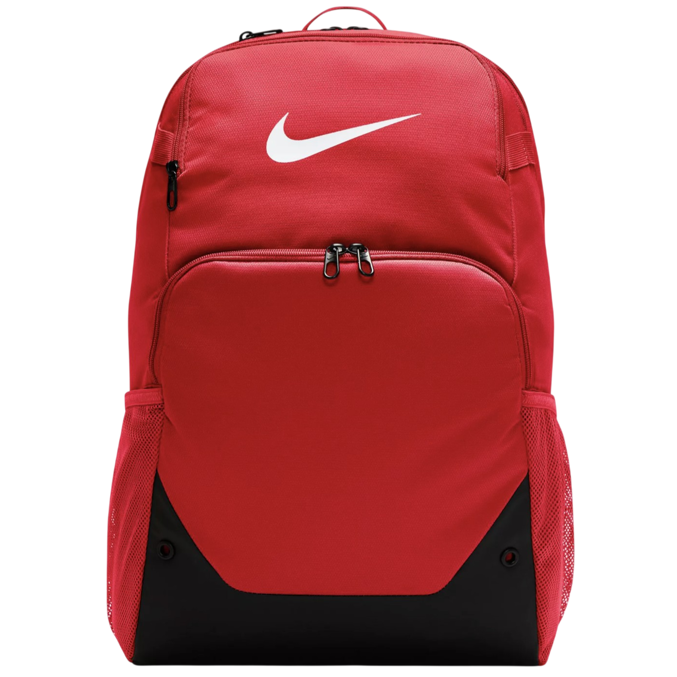 A red Nike backpack featuring a large front zippered compartment, side mesh pockets, and a black bottom panel, prominently displaying the Nike logo on the top.