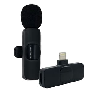 A wireless microphone set featuring a clip-on mic with a windscreen and a Lightning adapter for Apple devices.