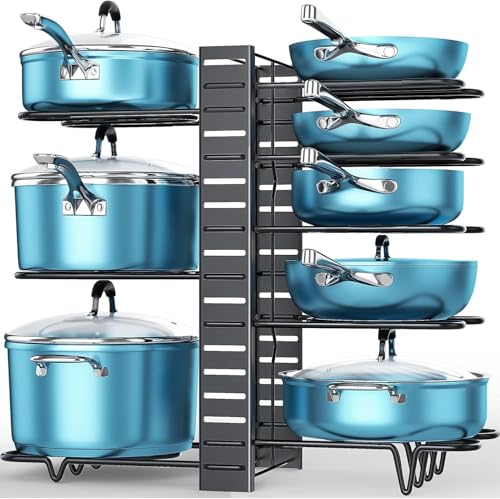 A cookware organizer holding blue pots and pans, featuring a vertical, adjustable rack with multiple shelves for storage.