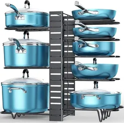 A cookware organizer holding blue pots and pans, featuring a vertical, adjustable rack with multiple shelves for storage.