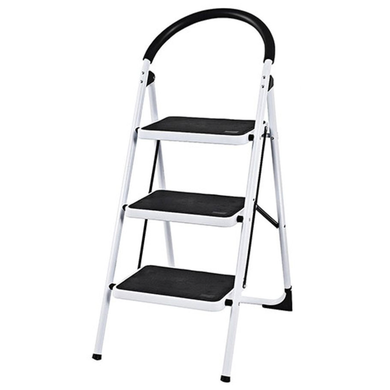 A three-step folding ladder with a black handle and slip-resistant steps. The frame is white with integrated safety features, suitable for indoor use.