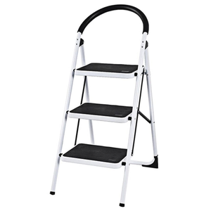 A three-step folding ladder with a black handle and slip-resistant steps. The frame is white with integrated safety features, suitable for indoor use.