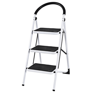 A three-step folding ladder with a black handle and slip-resistant steps. The frame is white with integrated safety features, suitable for indoor use.