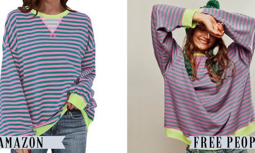 a green and pink striped long sleeve shirt from amazon besides a similar green and pink striped long sleeve shirt from Free People