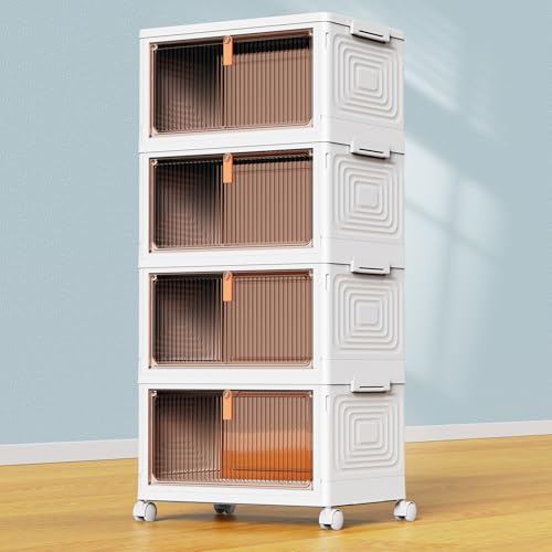 Stackable storage cabinet with four compartments, featuring a white frame, brown transparent doors with orange handles, on wheels for easy mobility.