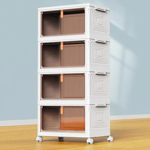 Stackable storage cabinet with four compartments, featuring a white frame, brown transparent doors with orange handles, on wheels for easy mobility.