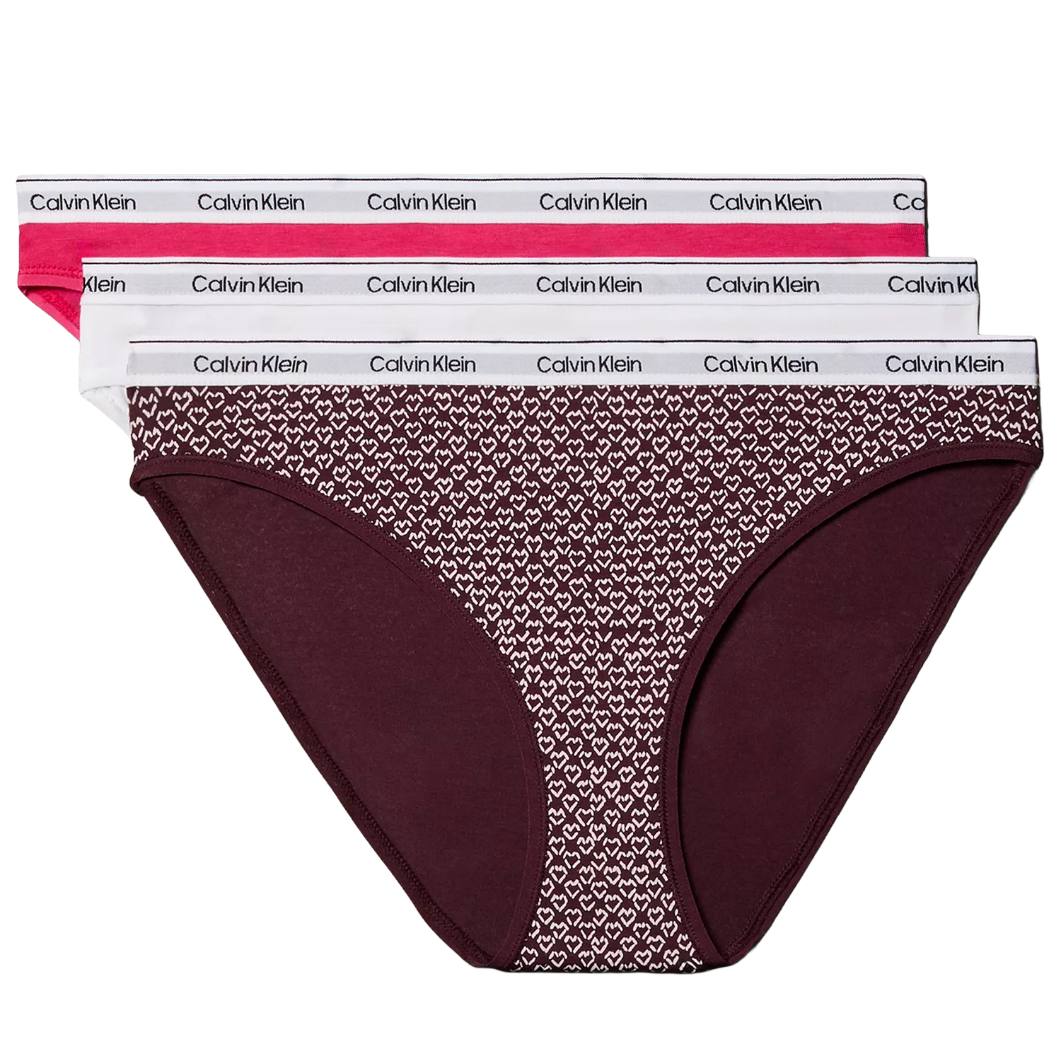 Three pairs of Calvin Klein women's underwear in pink, white, and patterned designs, featuring the brand's logo on the waistband.
