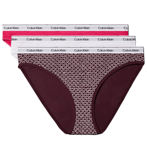 Three pairs of Calvin Klein women's underwear in pink, white, and patterned designs, featuring the brand's logo on the waistband.