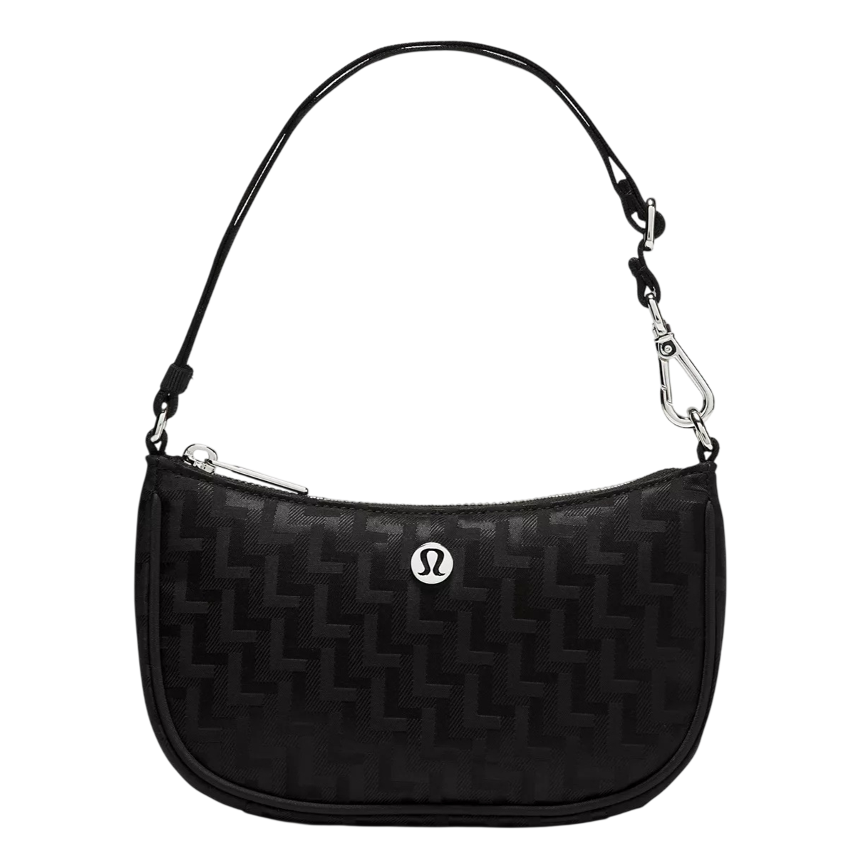 Black shoulder bag with a subtle zigzag pattern, featuring a small metal logo at the front, a detachable strap, and a secure zipper closure.