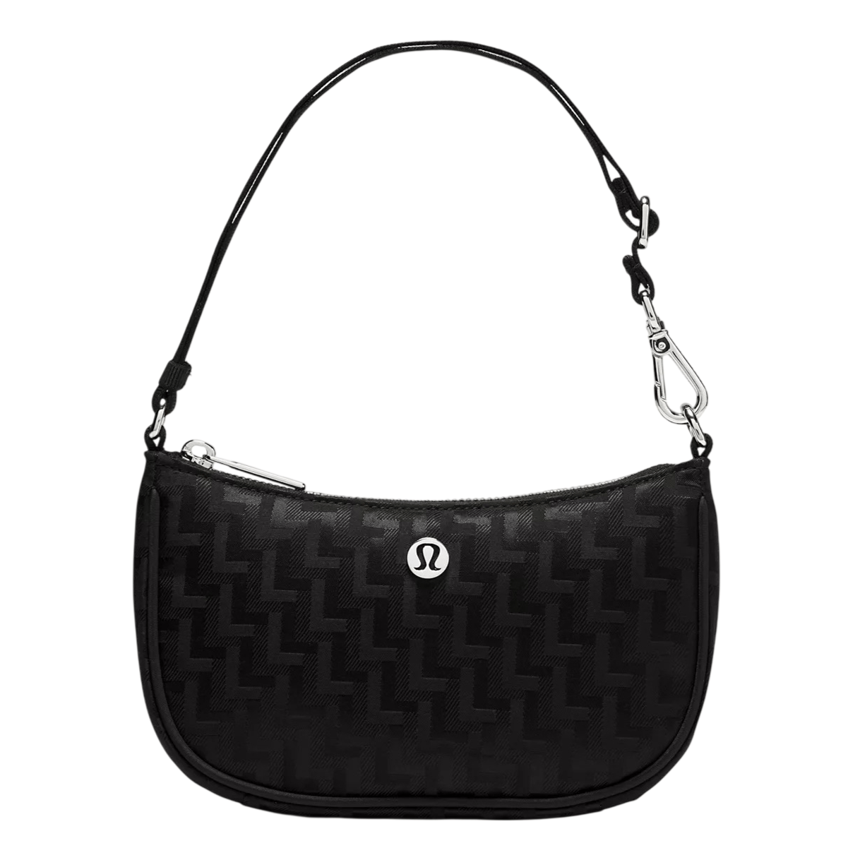 Black shoulder bag with a subtle zigzag pattern, featuring a small metal logo at the front, a detachable strap, and a secure zipper closure.
