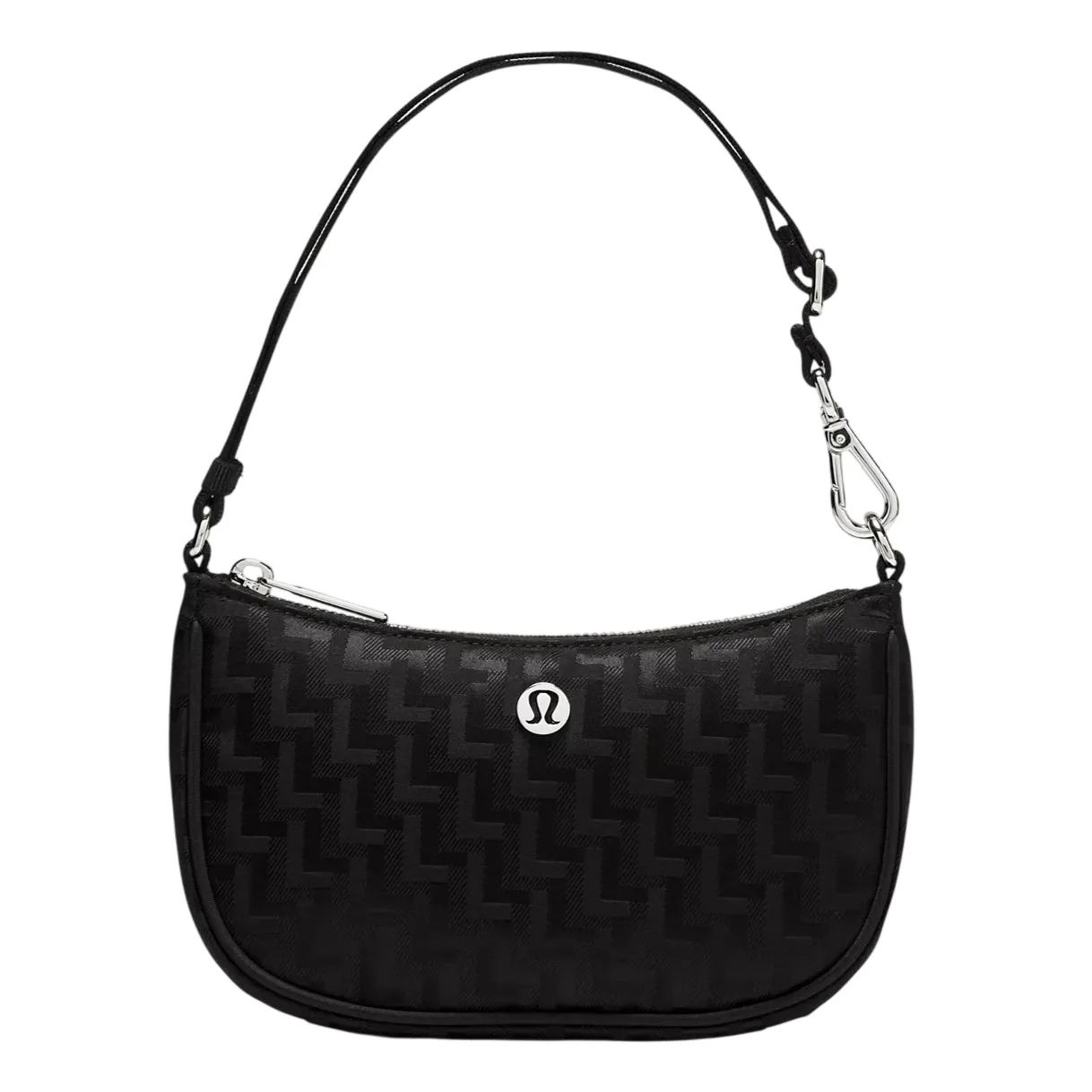 Black shoulder bag with a subtle zigzag pattern, featuring a small metal logo at the front, a detachable strap, and a secure zipper closure.