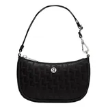 Black shoulder bag with a subtle zigzag pattern, featuring a small metal logo at the front, a detachable strap, and a secure zipper closure.