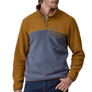 A Patagonia Synchilla Fleece Pullover in brown and gray features a snap-button chest placket, a high collar, and a chest pocket with a flap. The cozy fleece design is color-blocked with contrasting shoulder and body panels.
