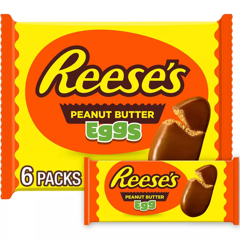 Reese's Peanut Butter Eggs in bright yellow and orange packaging, featuring a cracked chocolate egg illustration, available in a 6-pack with individual wrappers.