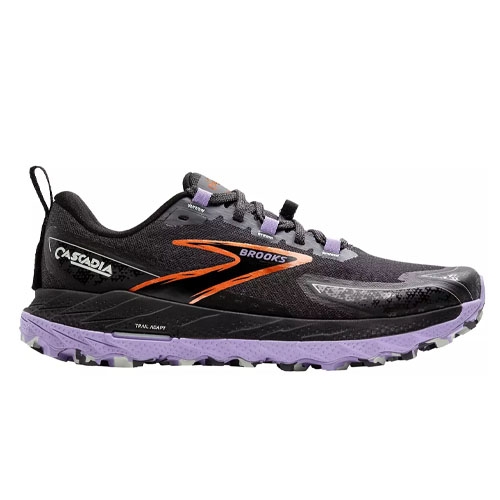 Brooks Cascadia 18 Trail Shoes feature a black upper with orange and lavender accents, designed for trail running with enhanced stability and traction.