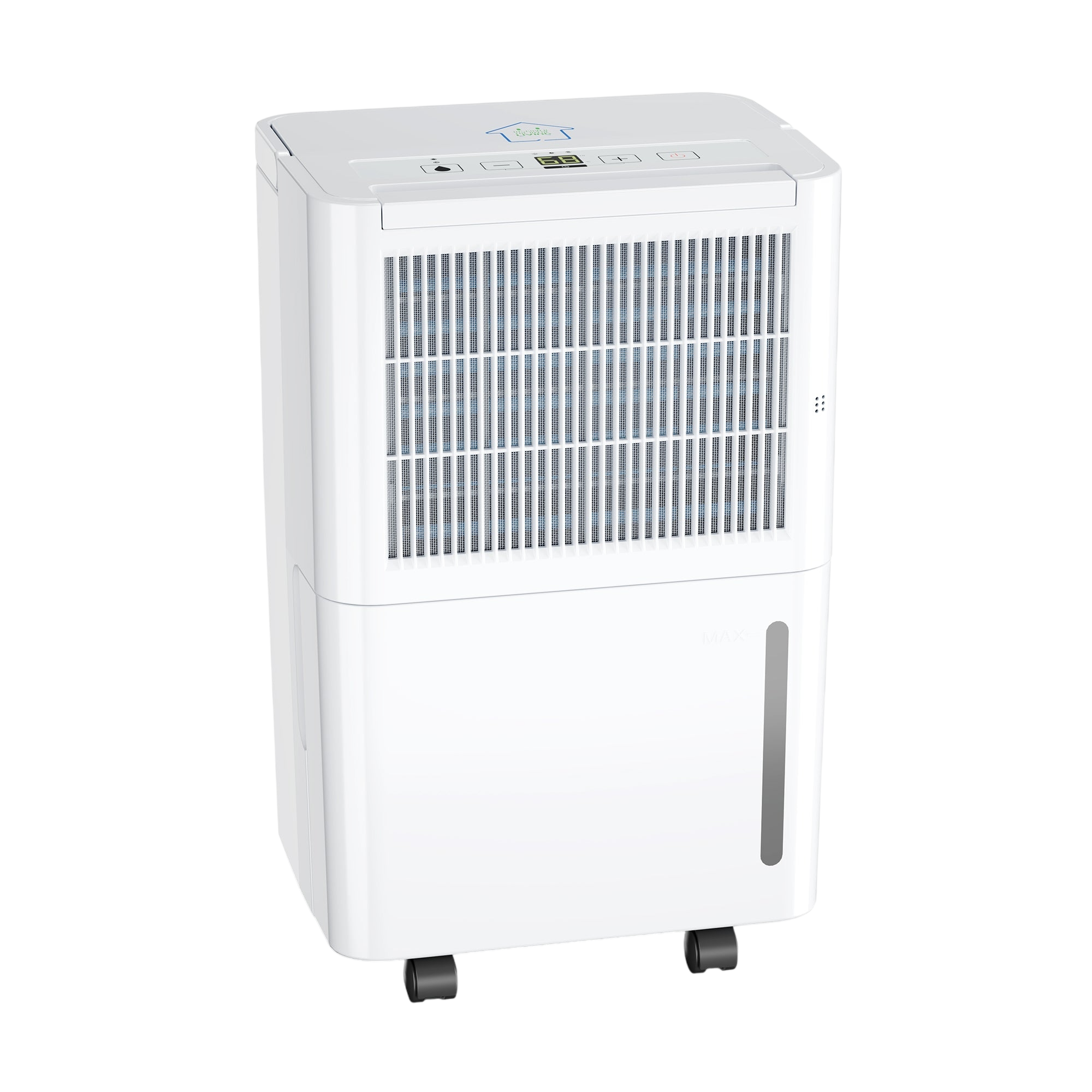 A white dehumidifier with digital controls, a front grille for air intake, and caster wheels for mobility.