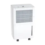 A white dehumidifier with digital controls, a front grille for air intake, and caster wheels for mobility.