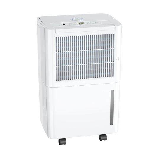 A white dehumidifier with digital controls, a front grille for air intake, and caster wheels for mobility.