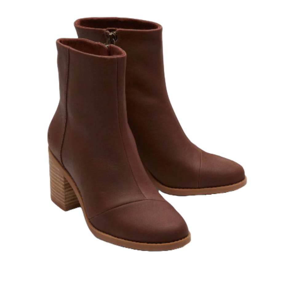 Brown leather ankle boots with a chunky block heel and side zippers.