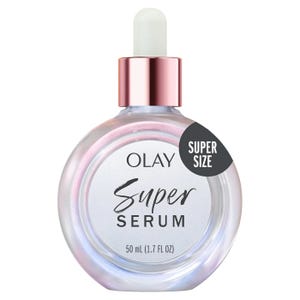 A rounded glass bottle with a dropper containing Olay Super Serum, labeled as \“SUPER SIZE\“ with a capacity of 50 ml (1.7 fl oz).