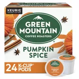 Green Mountain Coffee Roasters Pumpkin Spice K-Cup Pods, 24-count box, featuring a fall-themed design with pumpkins, cinnamon sticks, and star anise.