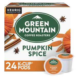 Green Mountain Coffee Roasters Pumpkin Spice K-Cup Pods, 24-count box, featuring a fall-themed design with pumpkins, cinnamon sticks, and star anise.