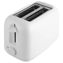 A white two-slice toaster with a control lever and dial for browning adjustment on the front.