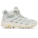 Merrell hiking boot featuring a Vibram sole, light grey mesh, and leather upper with laces and a mid-top design.