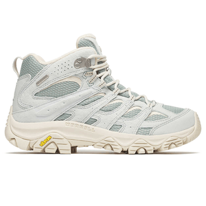 Merrell hiking boot featuring a Vibram sole, light grey mesh, and leather upper with laces and a mid-top design.