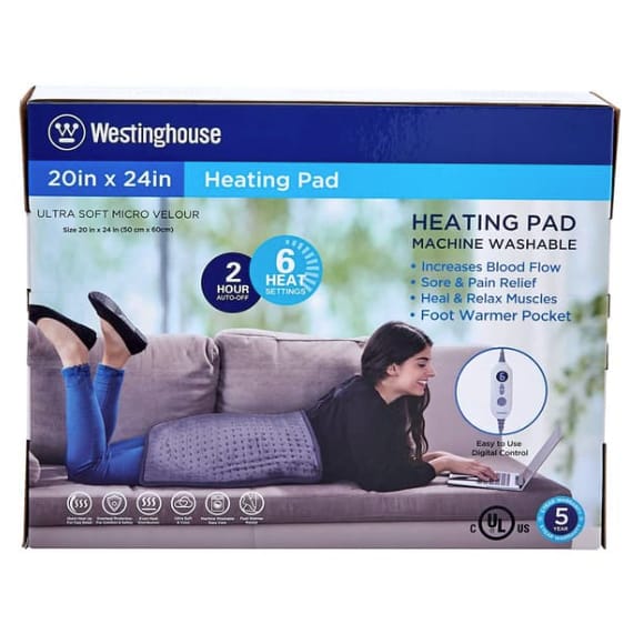 Westinghouse 20x24 Heating Pad features ultra-soft micro velour, 6 heat settings, and a 2-hour auto-off. It's machine washable, offers pain relief, muscle relaxation, and has a foot warmer pocket. Includes digital control and a 5-year warranty.