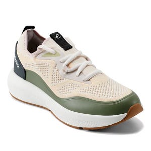 A casual sneaker with a breathable knit upper, lace-up design, and cushioning sole. It features green accents and a white, slightly elevated midsole for added comfort.