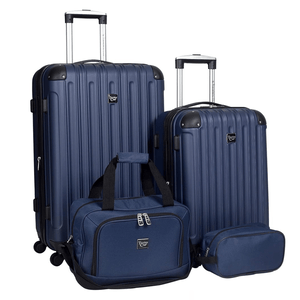 A four-piece navy luggage set including two hard-shell suitcases with telescopic handles, a duffel bag, and a toiletry bag.