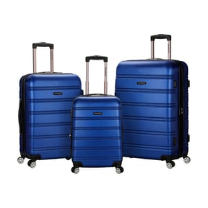 Three blue hardshell suitcases with telescopic handles and four spinner wheels. They vary in size, offering options for different travel needs.