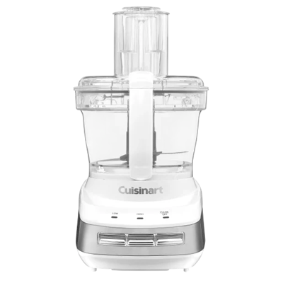 A Cuisinart food processor with a clear plastic bowl, lid, and multiple settings labeled low, high, and pulse on the front.