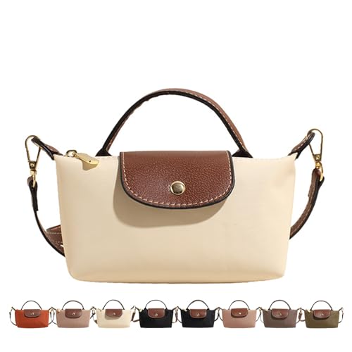 A collection of compact handbags with a simple design, featuring a top handle and detachable shoulder strap. The main bag is beige with a brown flap, and includes seven additional color variations in a smaller size below it.