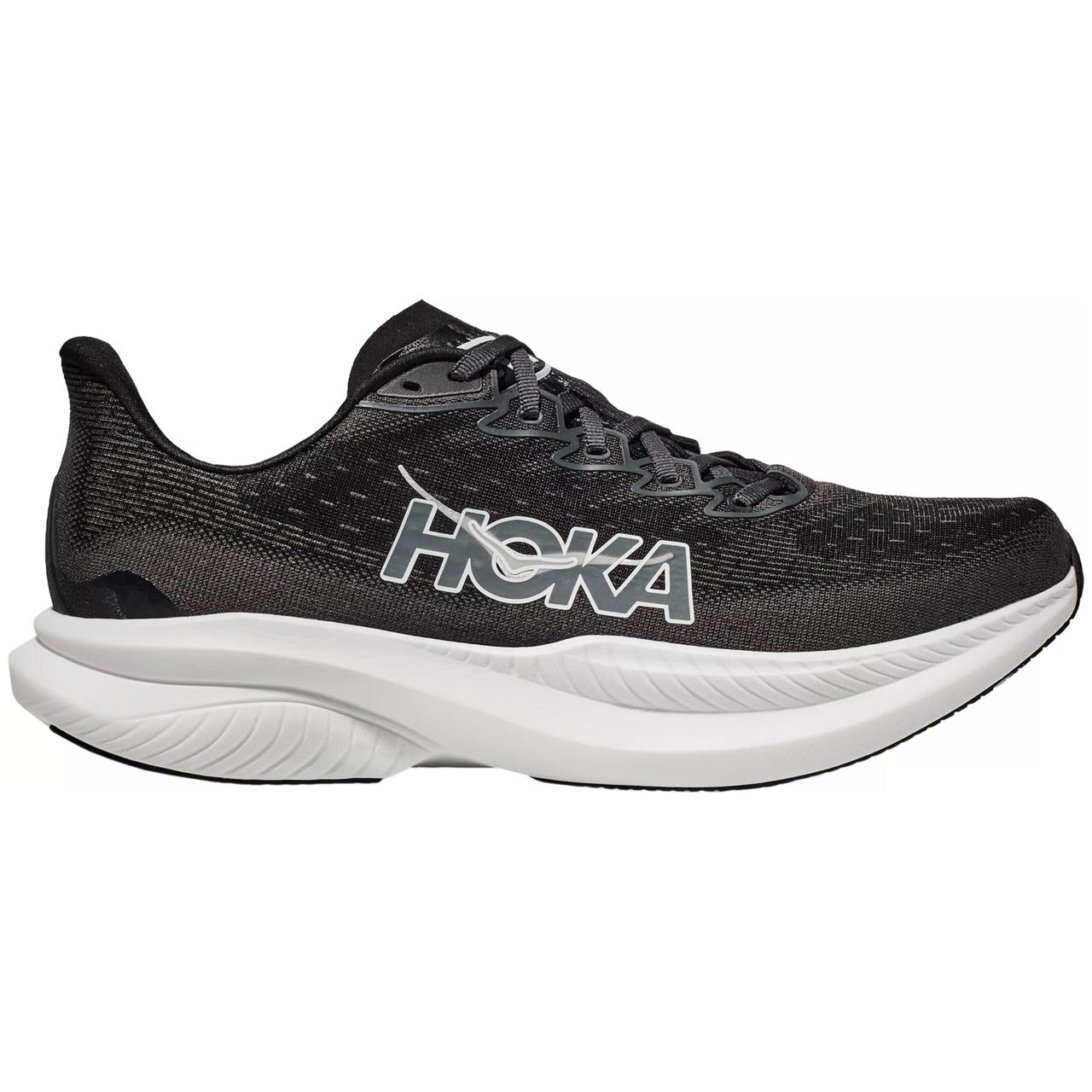 The Hoka Mach 6 Men's Shoe is a black athletic shoe featuring a bold \“HOKA\“ logo on the side, a breathable mesh upper, and a cushioned sole designed for comfort and performance.