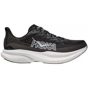 The Hoka Mach 6 Men's Shoe is a black athletic shoe featuring a bold \“HOKA\“ logo on the side, a breathable mesh upper, and a cushioned sole designed for comfort and performance.