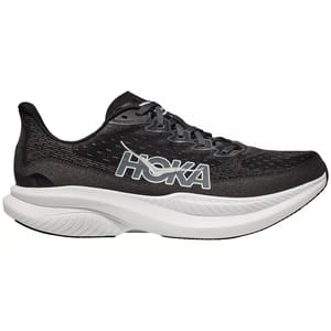 The Hoka Mach 6 Men's Shoe is a black athletic shoe featuring a bold \“HOKA\“ logo on the side, a breathable mesh upper, and a cushioned sole designed for comfort and performance.