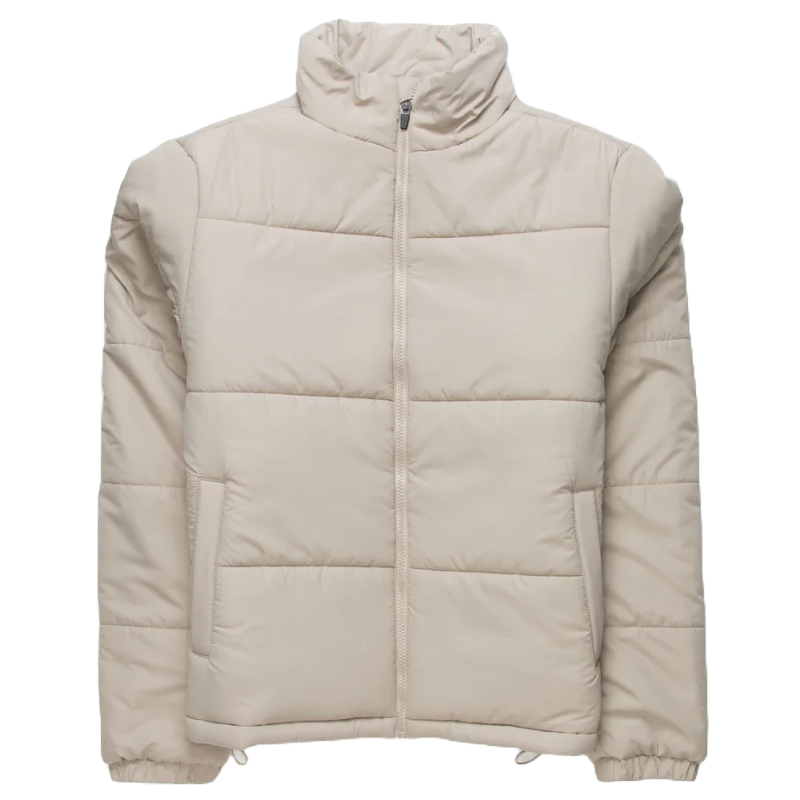 RSQ Puffer Jacket in light beige features a quilted design with a high collar, front zipper closure, and side pockets.