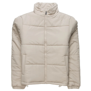 RSQ Puffer Jacket in light beige features a quilted design with a high collar, front zipper closure, and side pockets.