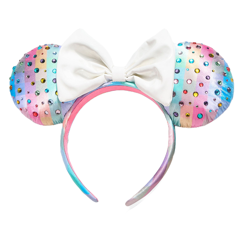 Minnie Pastel Rainbow Ears feature a pastel rainbow pattern adorned with colorful gems on the ears, a large white bow in the center, and a coordinating headband.