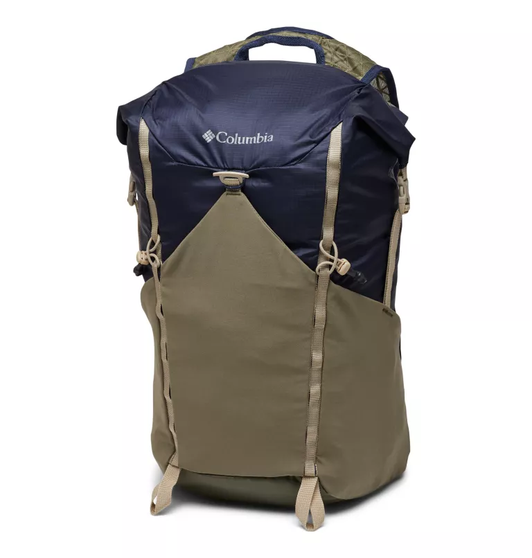 Columbia-brand backpack, navy blue and khaki with a top handle and adjustable straps.