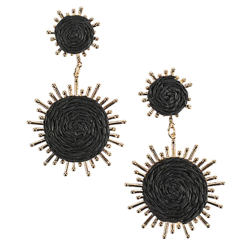 Black woven fabric earrings with gold sunburst accents, featuring two circular components connected by small gold links.