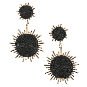 Black woven fabric earrings with gold sunburst accents, featuring two circular components connected by small gold links.
