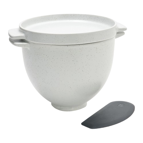 The KitchenAid 5qt Bread Bowl with Lid is a white, speckled mixing bowl with side handles and a fitted lid, accompanied by a gray dough scraper.