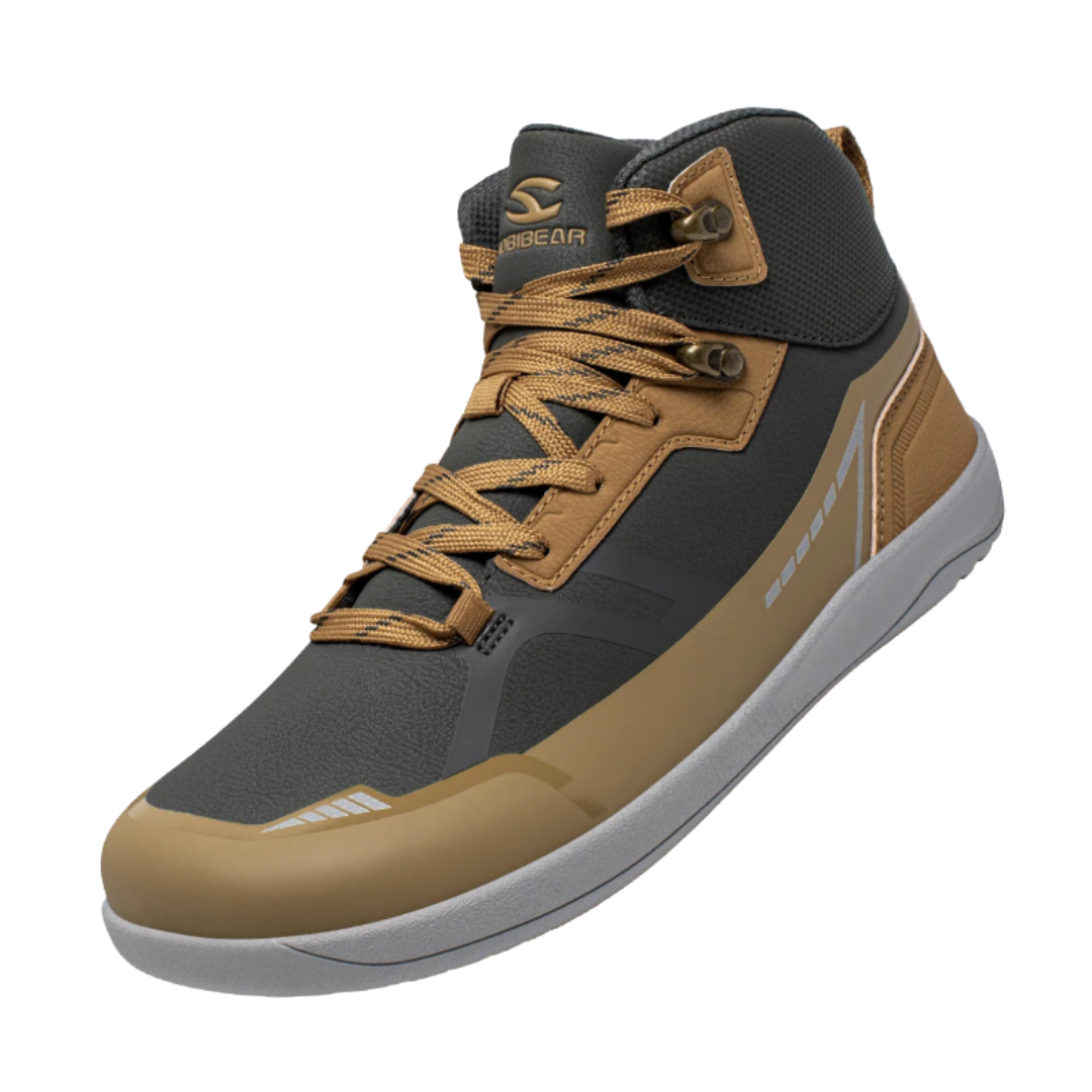A high-top sneaker with gray and tan color scheme, featuring laces, a padded ankle area, and a cushioned sole.
