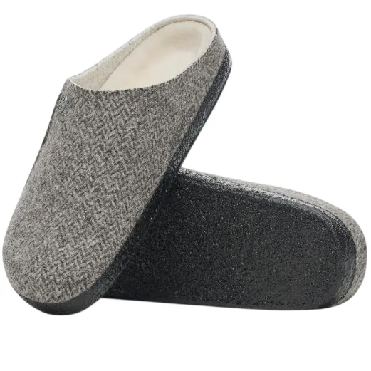 Gray herringbone-patterned slippers with a closed toe and backless design, featuring a thick black sole.
