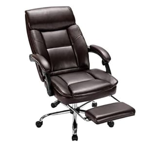 A brown leather ergonomic office chair with a high back, padded armrests, and an extendable footrest. It features a chrome base with caster wheels for mobility.
