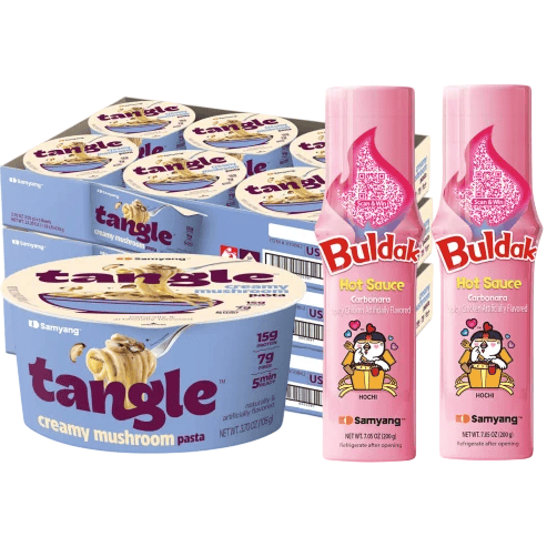 Samyang Tangle creamy mushroom pasta cups and two Buldak carbonara flavored hot sauce bottles are shown.